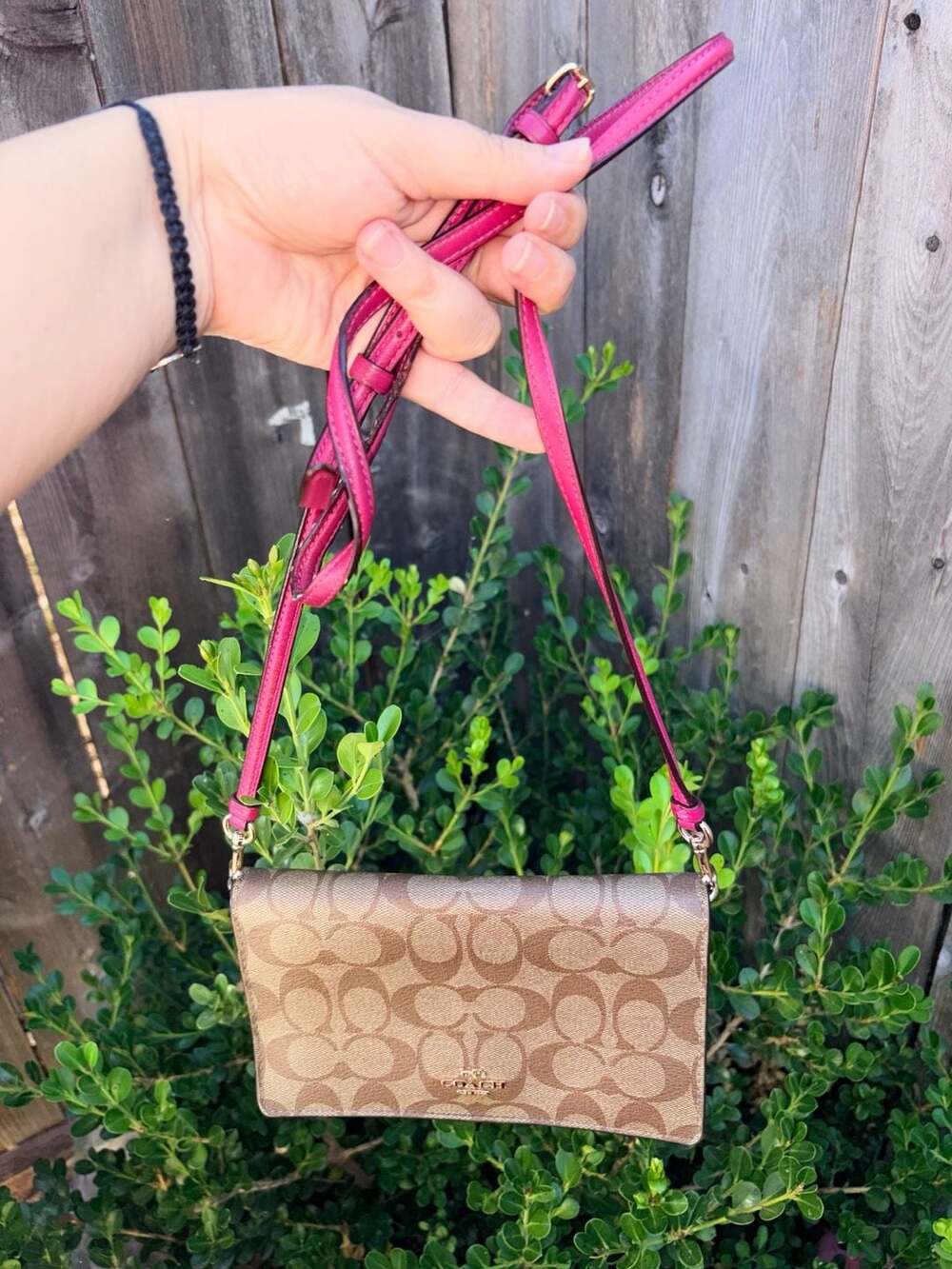 Coach Anna Foldover Clutch Crossbody Bag in Signature Canvas Khaki and Pink